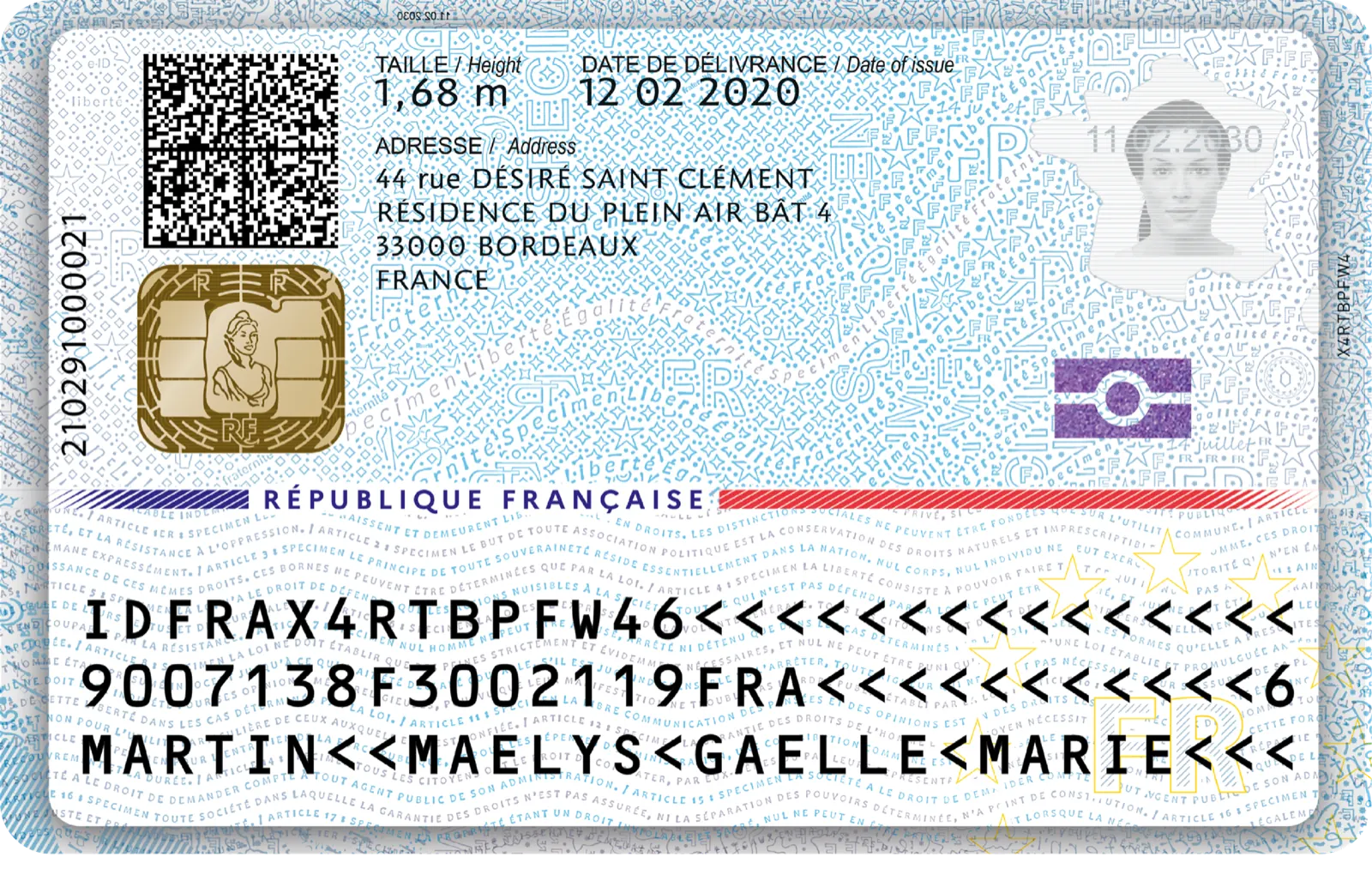 Spécimen officiel de carte nationale d’identité française, modèle 2021, face arrière : au nom fictif de MARTIN Maëlys, avec sa zone de lecture automatique sur trois lignes.